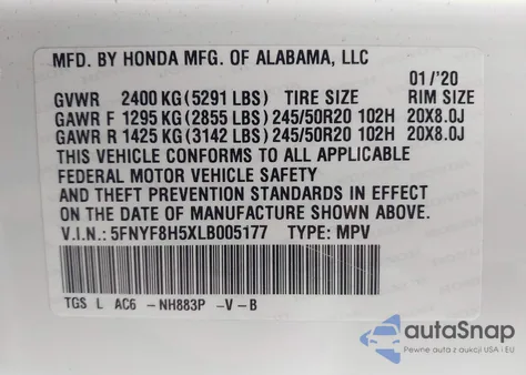 2020 Honda Passport Awd Ex-L z USA, uszkodzony, nr VIN 5FNYF8H5XLB005177